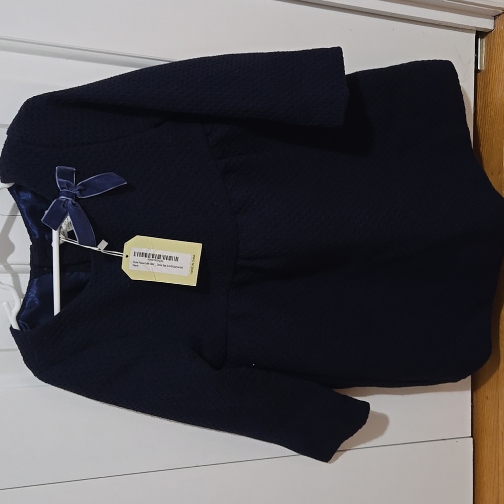 NAVY BLUE GIRLS DRESS WITH BOW, SIZE 5/6